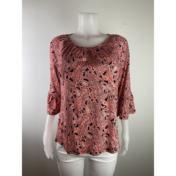 F. Michael Kors Top Size M Paisley Multicolor Pink Top Ruffle Sleeve NWT $64 - Picture 6 of 11